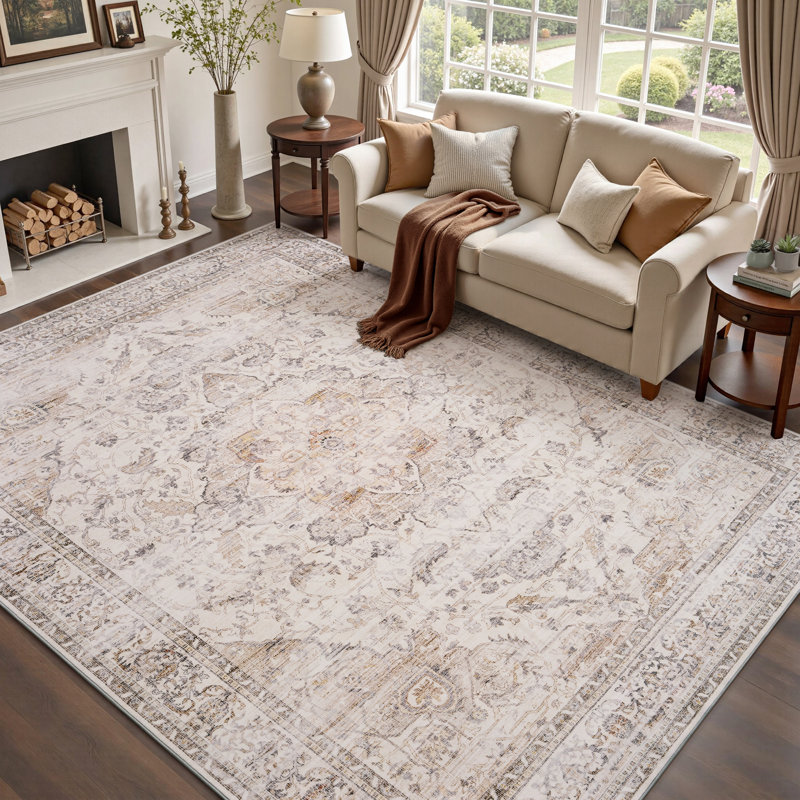 Soft Vintage Floral Non-Slip Washable Area Rug For Living Room, Bedroom Cream Beige, Retangle 5' x 7', Beige/Ivory/Taupe