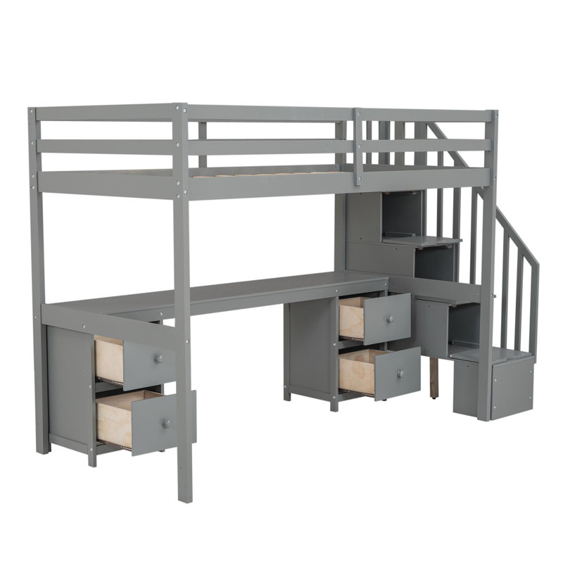 Structure de lit simple de taille mezzanine avec bureau intégré et tiroirs de rangement doubles