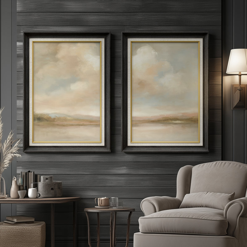 «Soft Pastel Clouds Tranquil Horizon», ensemble de 2 reproductions d'art mural encadrées de qualité supérieure sur papier 26 po x 36 po