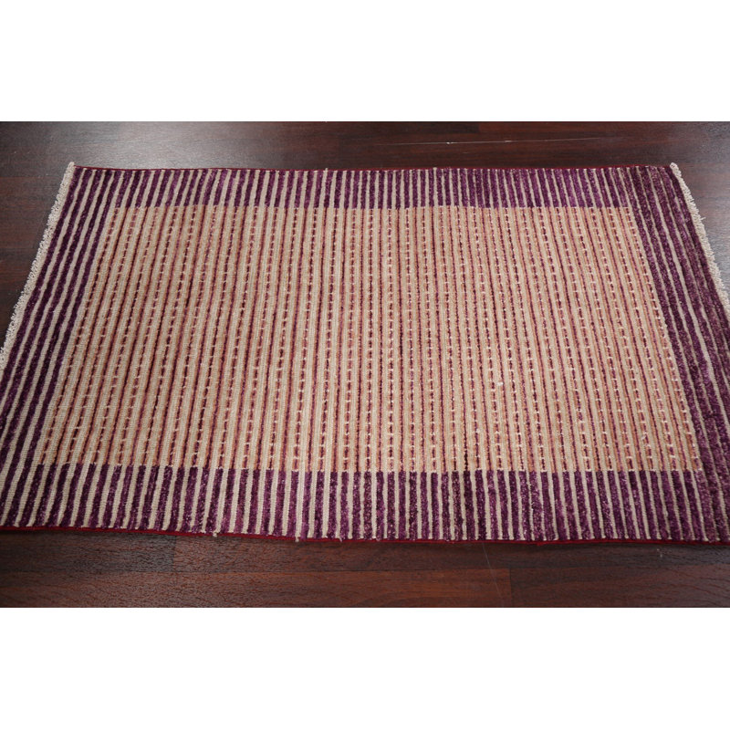 Tapis beige en laine noué à la main de conception unique 3 pi 2 po x 5 pi 2 po New Age