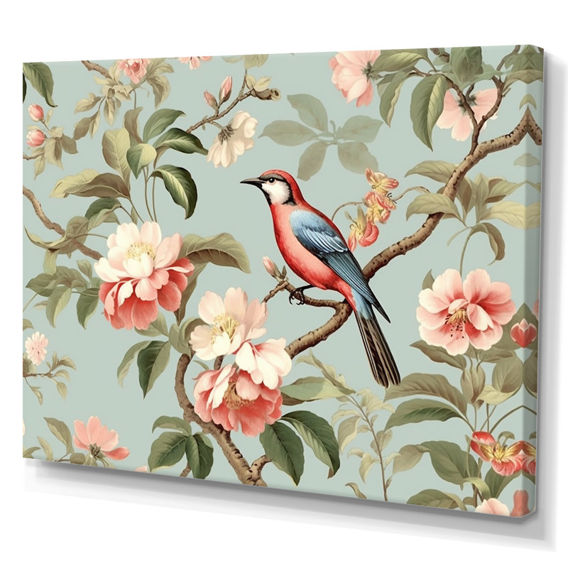 Chinoiserie avec oiseaux et pivoines - impression sur toile florale, H 24 po x l 24 po x P 1 po, Toile tendue