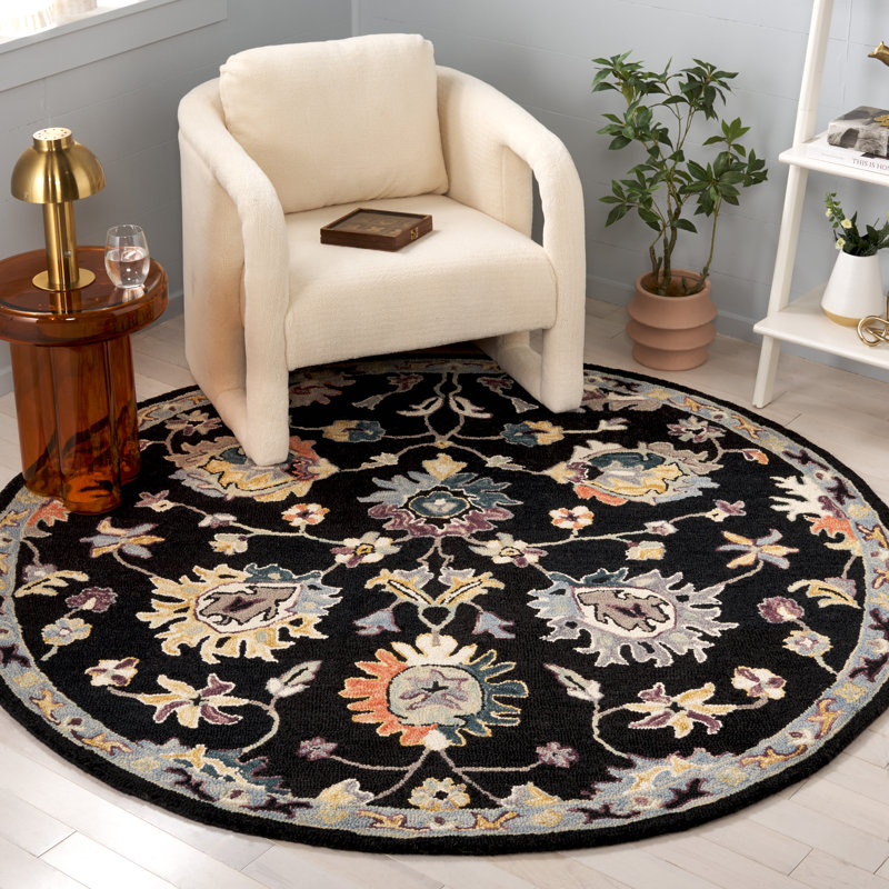 Shiverick Tufted Wool/Cotton Performance Floral Rug in Black/Blue, Round 6'