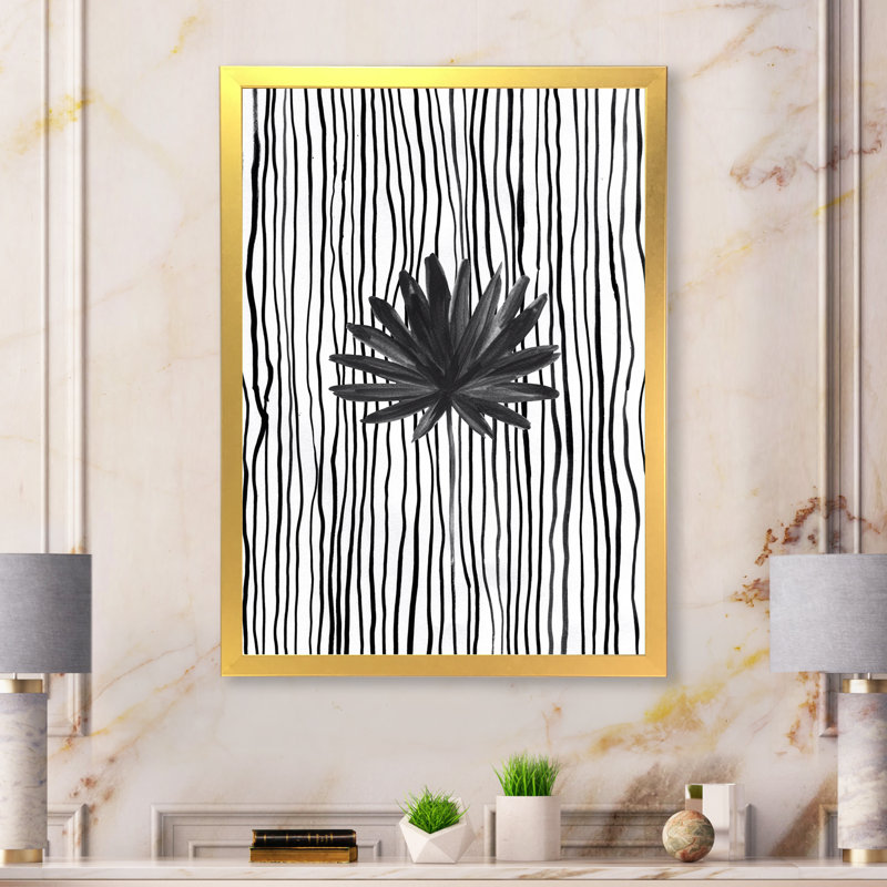 Feuille tropicale noire et blanche sur fond rayé III - Peinture sur toile, H 20 po x l 12 po x P 1po, Toile tendue