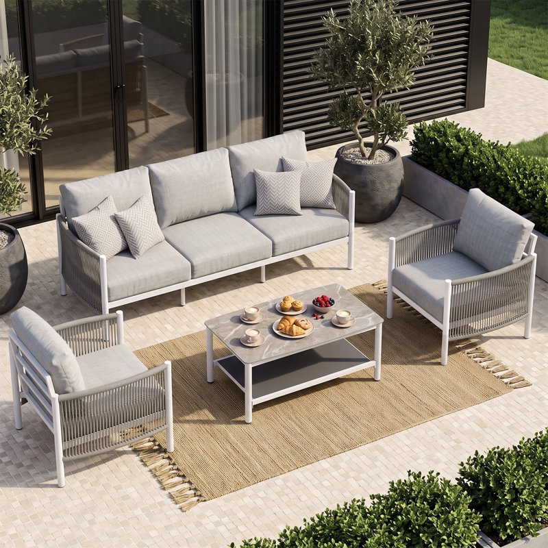 Ensemble de conversation bohème 4 pièces en aluminium pour patio extérieur avec coussins de 15 cm, canapé 3 places, 2 fauteuils et table basse