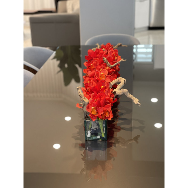 Driftwood Cymbidium Orchids Centerpiece in Glass Planter, Red, 16" H x 48" W x 4" D