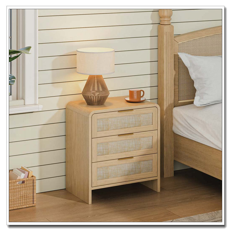 Rattan Nightstand with Charging Station, Caramel, 1