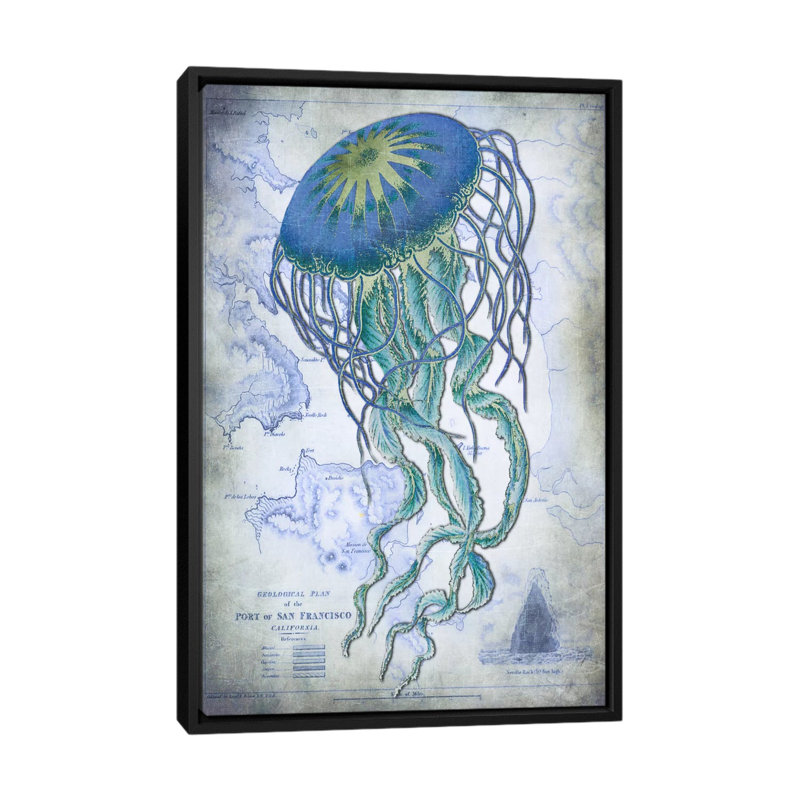 «Jellyfish on Image of Nautical Map», impression sur toile, H 26 po x l 18 po x P 1,5 po, Toile avec cadre noir, Pas de tapis