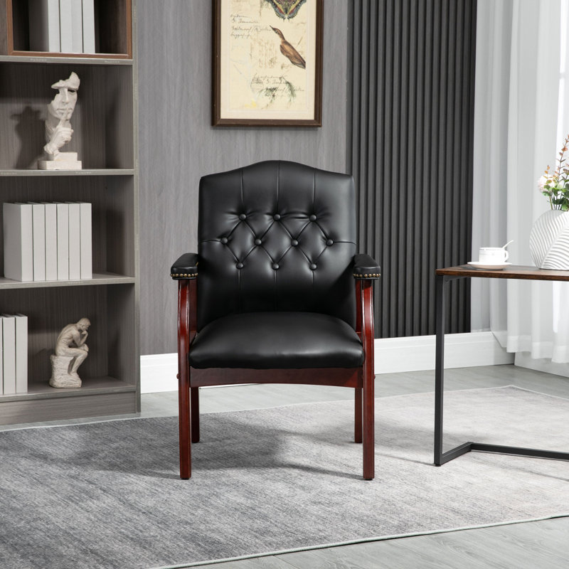 Chaise d'invité en cuir avec accoudoirs rembourrés et dossier capitonné, chaise d'appoint de bureau à dossier moyen, Black