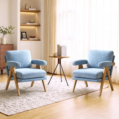 Mid-Century Modern Chenille Upholstered Accent Chair, Round Arm Leisure Lounge Chair with Solid Rubberwood Frame Walnut Finish, Comfy Reading Armchair for Living Room, Bedroom & Reading Nook