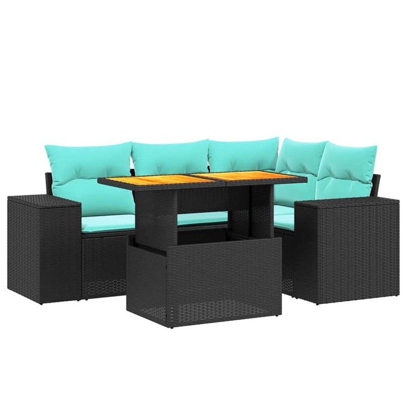  Ensemble de canapé de patio 5 pièces avec coussins en rotin de polyester, Noir, Vert