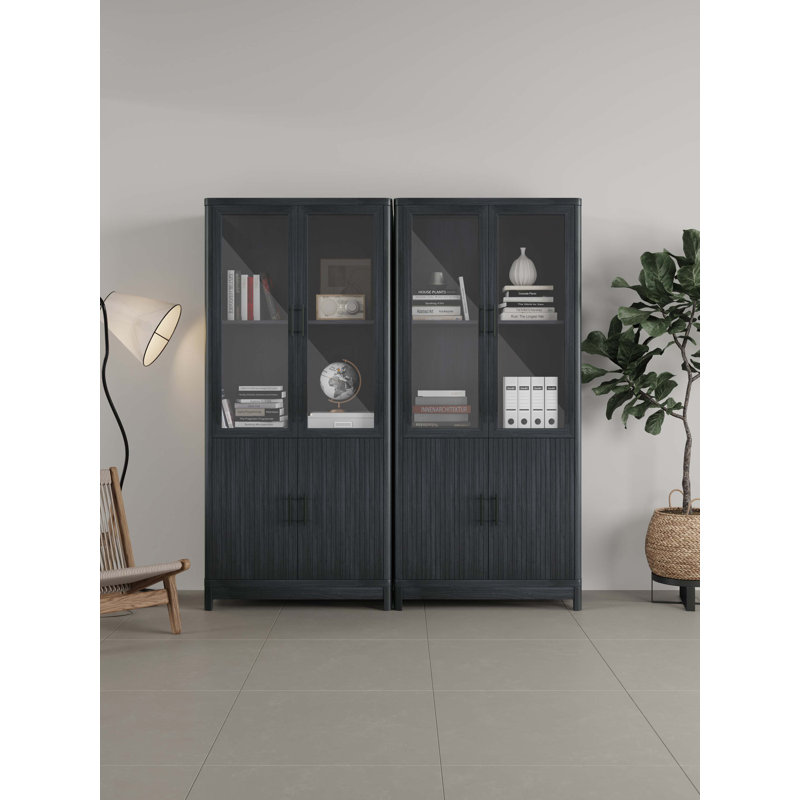 Cabbar Bookcase with Adjustable Shelves and Tempered Glass Doors in (Set of 2), Charcoal Gray