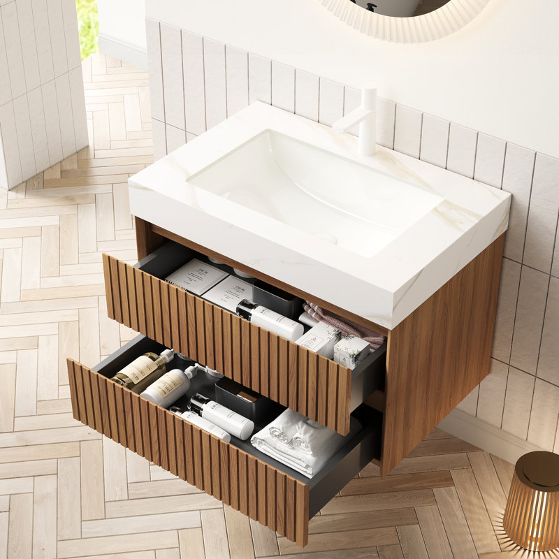 Unité de meuble-lavabo mural 30 po, plateau en pierre frittée dorée, sous-comptoir en céramique, tiroir en bois massif, structure d'armoire résistante, armoire de rangement, pierre, corps en contreplaqué, tiroirs à fermeture en douceur