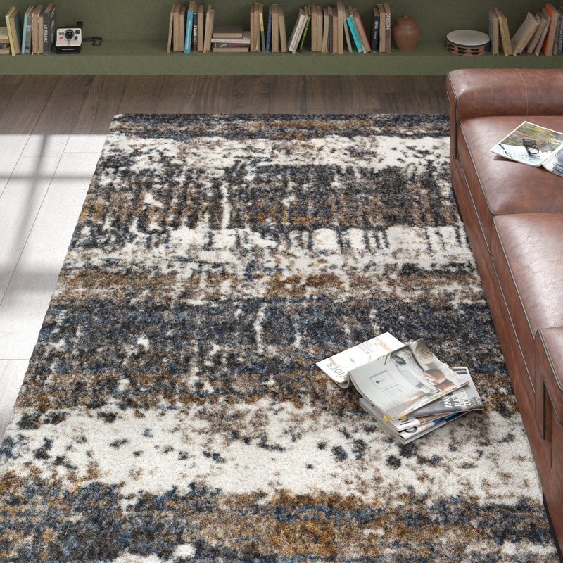 Tapis bleu marine / brun à poils longs Maestas, Rectangle 6 pi 7 po x 9 pi