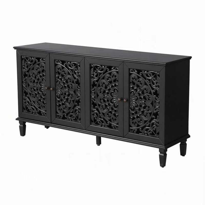 Console de rangement avec armoire avec sculptures florales et pieds en bois massif, Noir