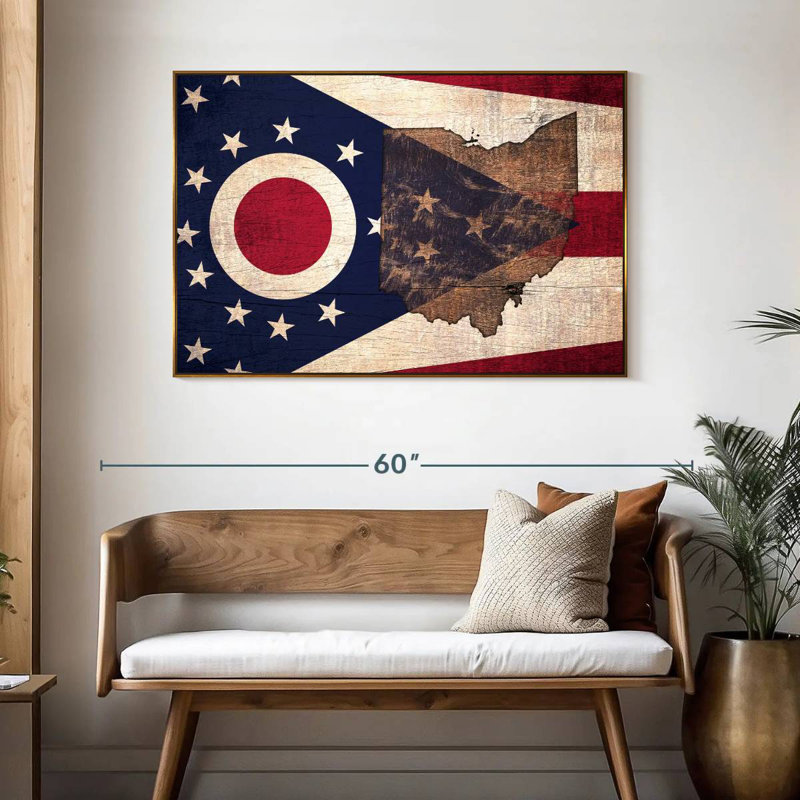 Carte de l'État sur le drapeau de l'Ohio, 46 po x 31 po, Cadre flottant doré