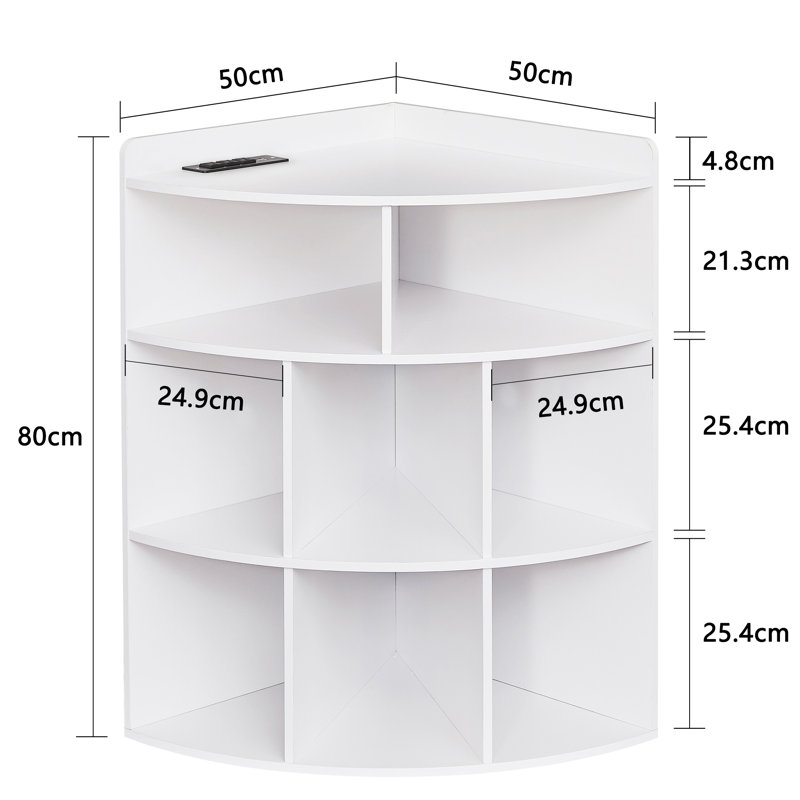 4-Tier Corner Cabinet With US Socket, 8-Cubby Wooden Bookcases Bookshelf Storage Organizer Display Rack, White