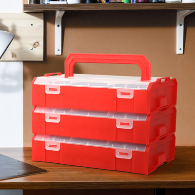 3-In-1 Clear Red Plastic Grid Storage Box Set With 3X9 Adjustable Grids – Tool, Craft, Jewellery Organizer