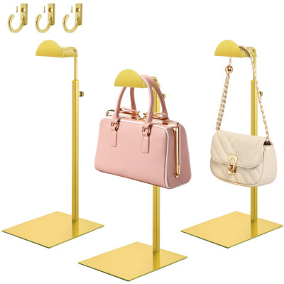 Gold Stainless Steel Purse Display Stand, 3 Pack with Hooks, Adjustable Height, Anti-Fingerprint, for Store Counter, Boutique, Home Decor