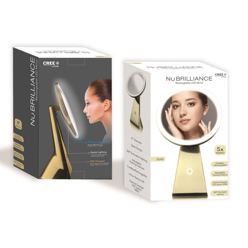 NuBrilliance 8” Magnifying Makeup Mirror Cordless USB Rechargeable -5X Magnification with 360° Dimmable Lighting, Gold