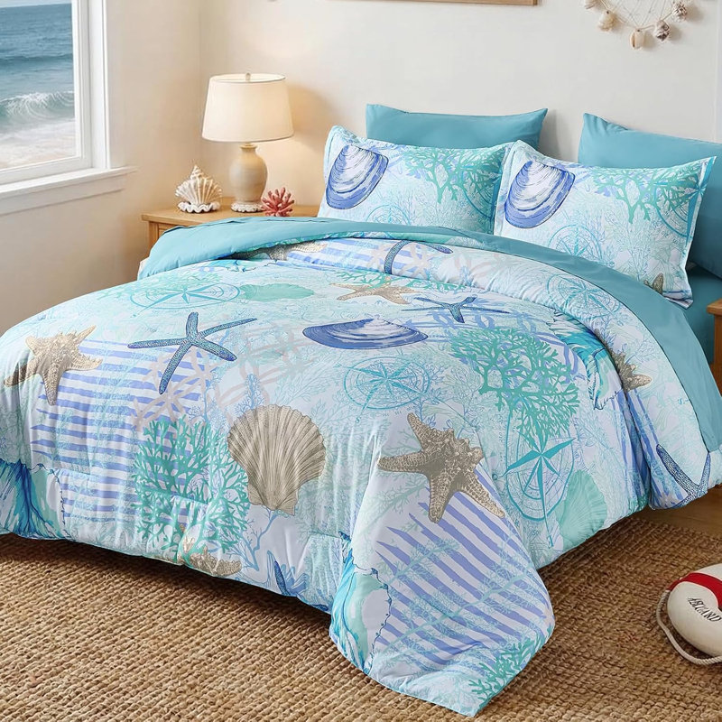 Ensemble d'édredon grand lit Coastal, lit dans un sac à thème corail de plage, ensemble de literie d'édredon doux 7 pièces océan et algues pour toutes saisons (90 po x 90 po)