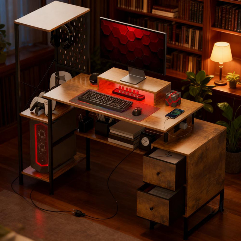 Bureau d'ordinateur, table d'ordinateur avec prises de courant et lumières DEL, pour la maison et le bureau