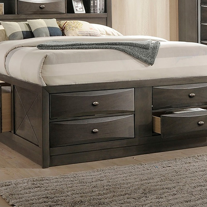 Mobilier de chambre à coucher contemporain avec lit double et tête de lit avec bibliothèque et 3 pièces, Gris, Double