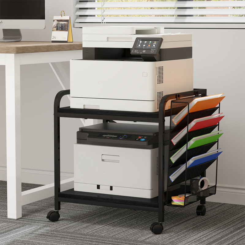 Printer Stand With File Holder Organizer, Printer Cart With Adjustable Height Shelf And Wheels, Black