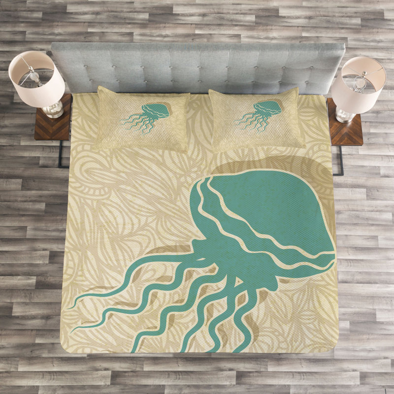 Sand/Teal 100% Microfibre Bedspread, 220 x 264 cm