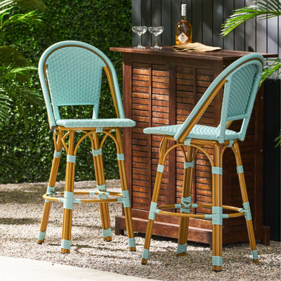 29.5" Outdoor PE Rattan And Aluminum French Barstools, Set Of 2, Light Teal And Bamboo Finish