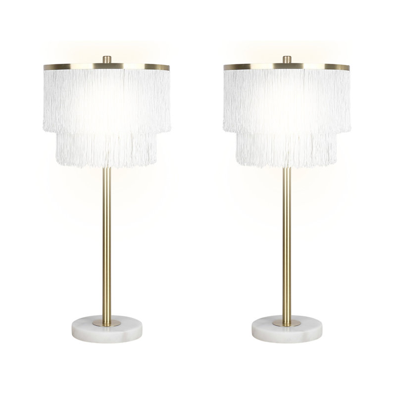 Tassel Elegance Metal Table Lamp - Soft Gold & White - Set of 2