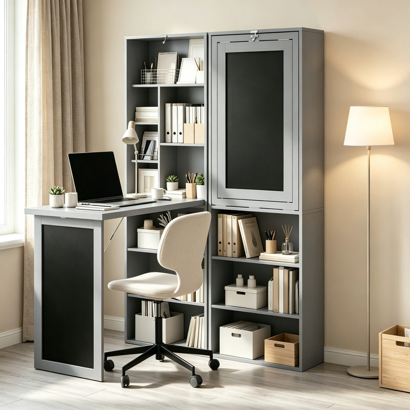 Poste de travail mural gris anthracite pliable multifonctionnel avec tableau noir et tablette de rangement réglable - Bureau d'ordinateur et atelier de couture mural peu encombrant