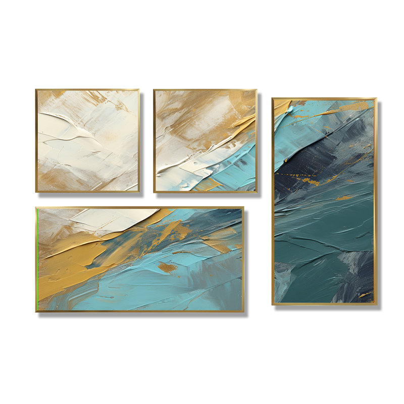 Serenity Sunset In Teal And White - Modern Wall Decor 4 Pieces, Framed Print without Mat, Gold