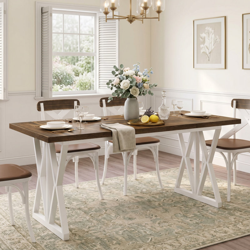 Metal Base Dining Table, Brown/White