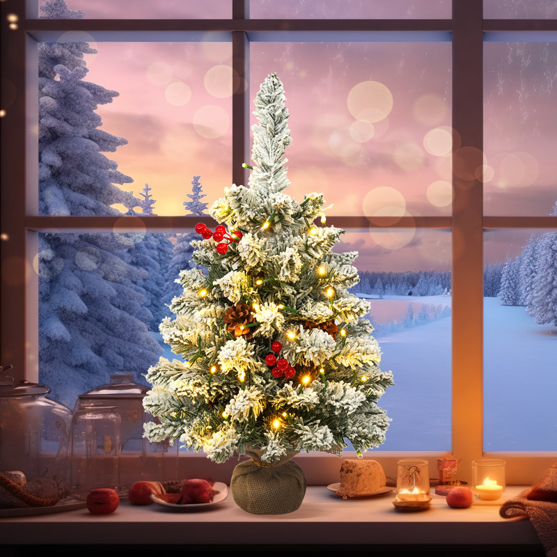 Arbre de Noël artificiel blanc de table 2 pi avec branches de pomme de pin rouge et guirlandes de lumières DEL