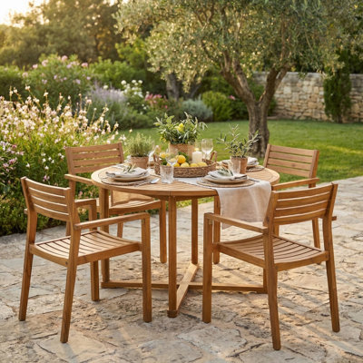 5-Piece Outdoor Dining Set with 4 Acacia Wood Chairs, 47.2" Round Dining Table with Slatted Design, Ideal for Patios, Gardens