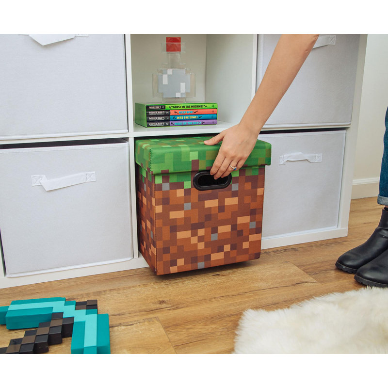 Minecraft Grassy Block Fabric Storage Bin Cube Organizer with Lid | 13 Inches