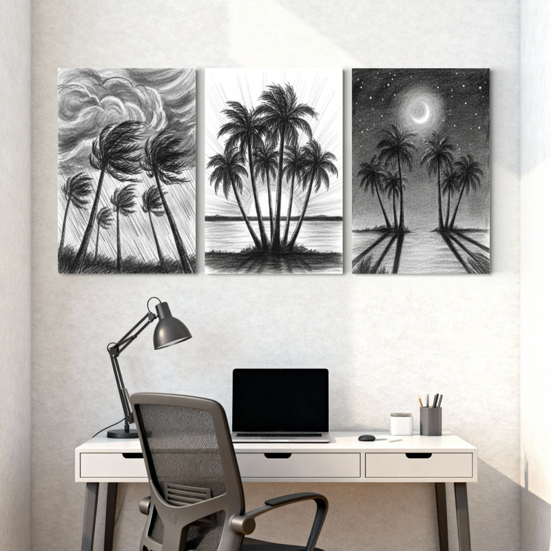 Palmiers, palmiers, reflet du ciel, étoiles de lune, nuages, vent, eau, ensemble de 3 impressions sur toile