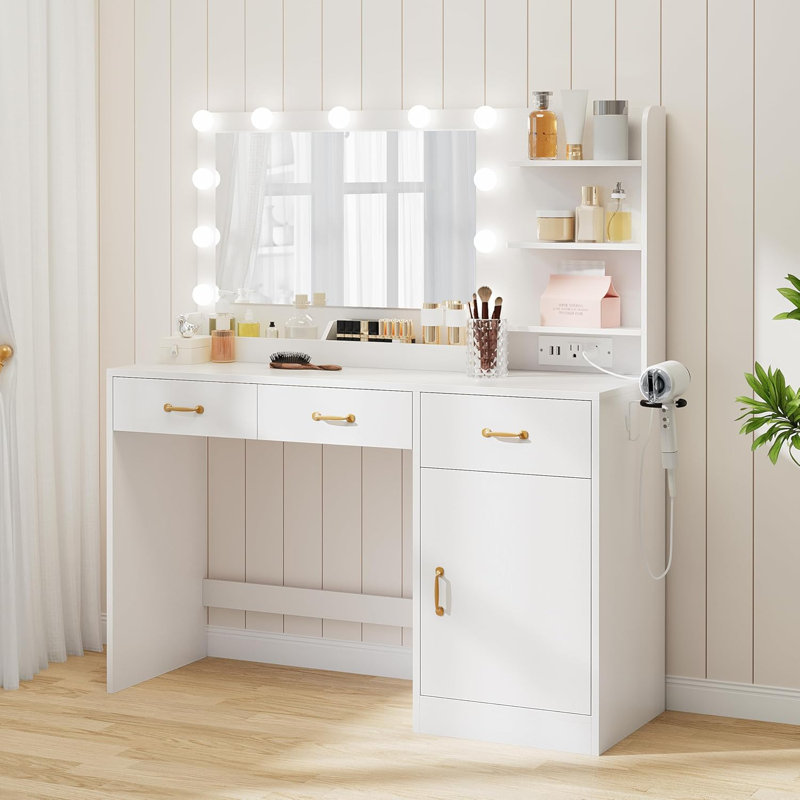 Vanity Desk with Mirror, LED Lights and Power Outlet Makeup Table with 3 Drawers and Storage Shelves Dressing Table for Bedroom Dressing Room, White.