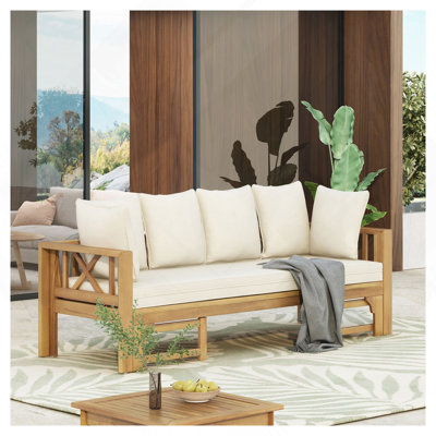 Canapé d'extérieur extensible 3 places en bois d'acacia, canapé rembourré, méridienne, méridienne spacieuse et méridienne de patio