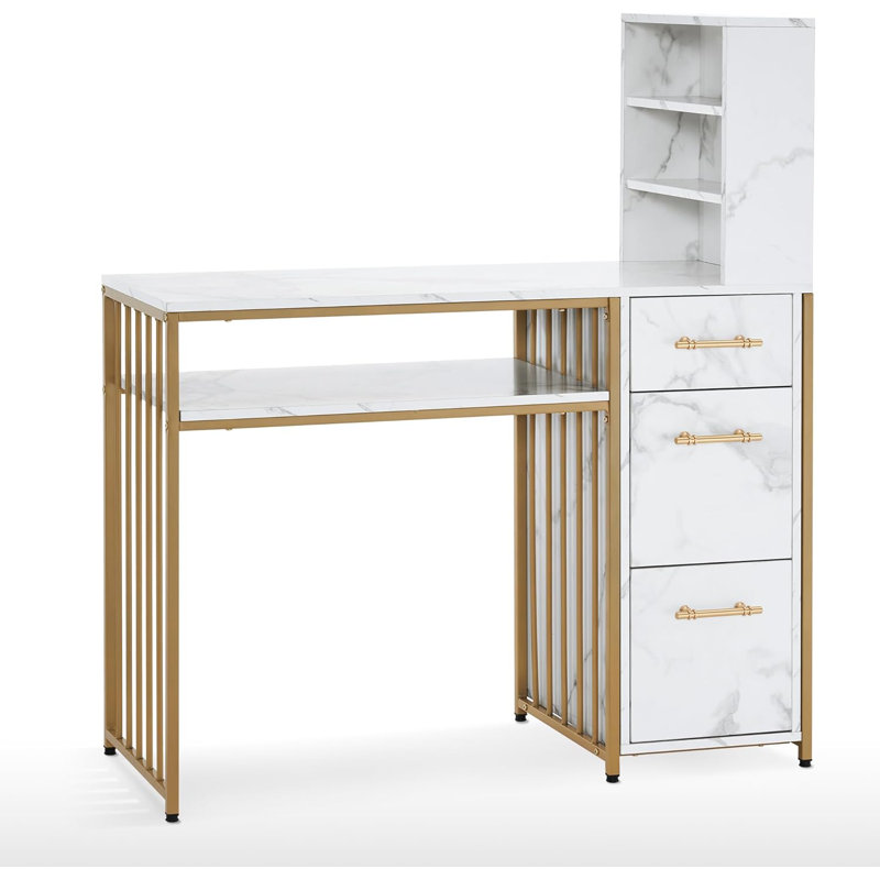 Trea 42.5'' Vanity Makeup Desk with Open Shelves and Drawers, Manicure Desk with Metal Frame