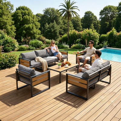Ensemble de conversation de patio en acier 5 pièces, ensemble de mobilier de patio pour 7 personnes avec table basse pour la cour