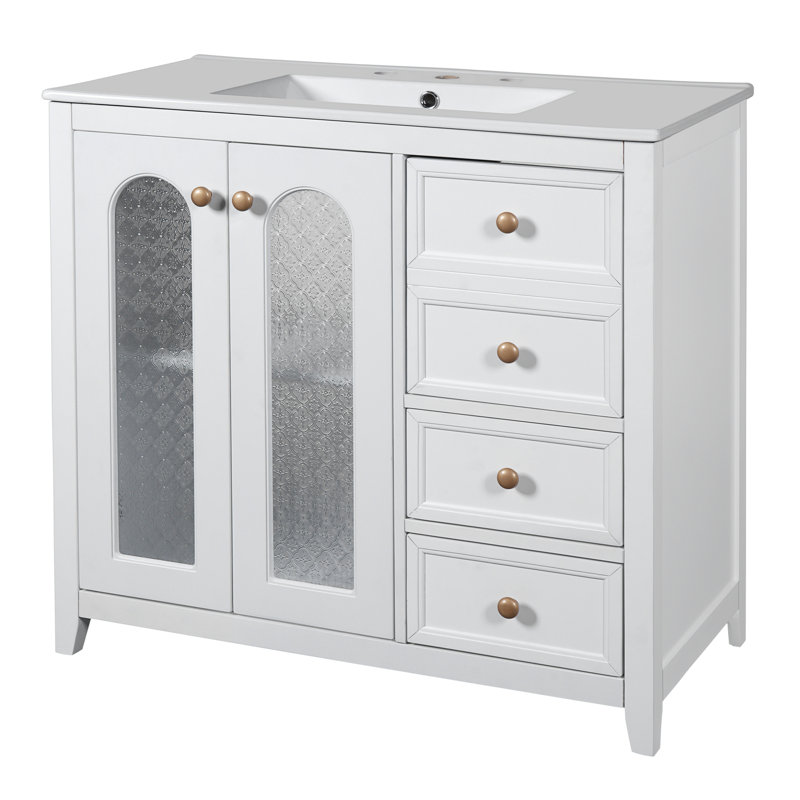 Meuble-lavabo de 36,02 pouces avec deux portes à fermeture douce, des tablettes réglables et trois tiroirs