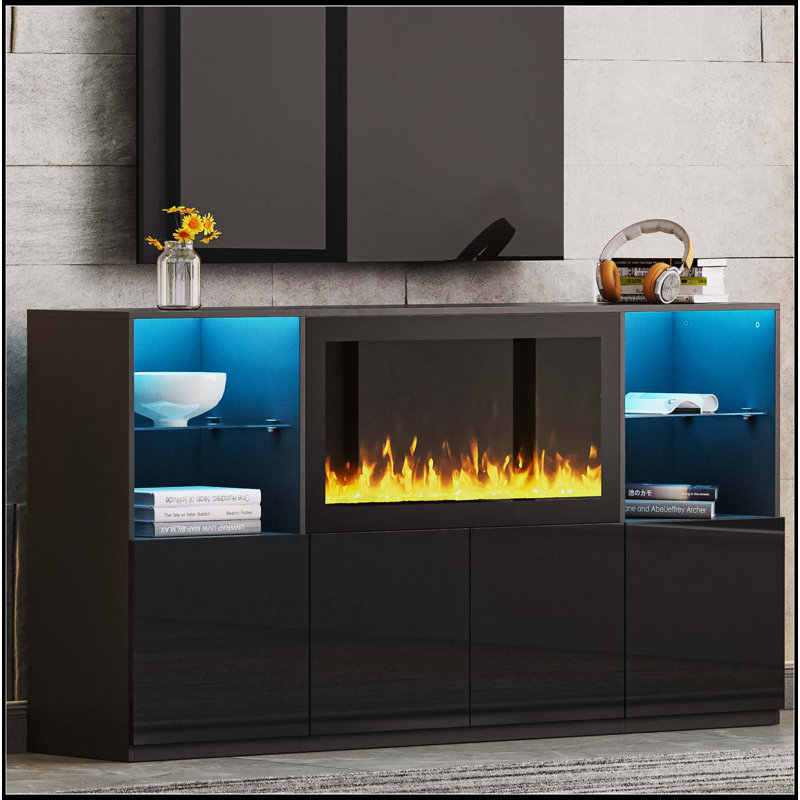 Meuble télé haute brillance avec foyer électrique non chauffant de 34,2 po, Noir, noir, noir, noir
