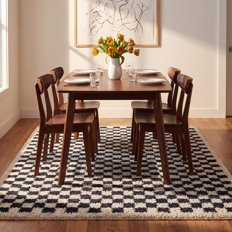 Walker Checkered Navy Blue/White Shag Area Rug, Rectangle 5'3" x 7'