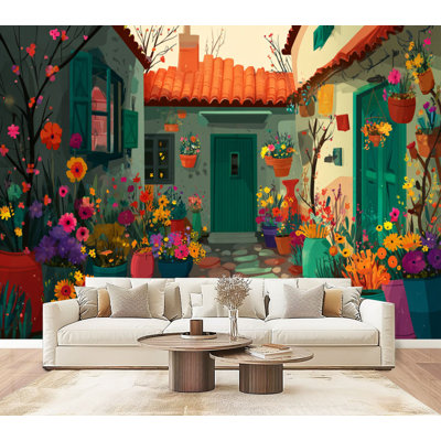 Peel and Stick Wallpaper Charming Hand Drawn Garden Courtyard Wall Murals 69"H x 96"W Removable Self-Adhesive Wall Decor for Bedroom Living Room Home Office