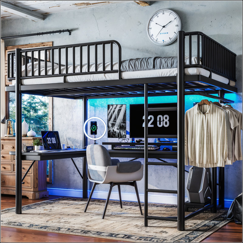 Grand lit mezzanine en métal avec bureau en forme de L, bande lumineuse à DEL et station de charge, conception de tuyau rond spécial pour plus de stabilité et de style