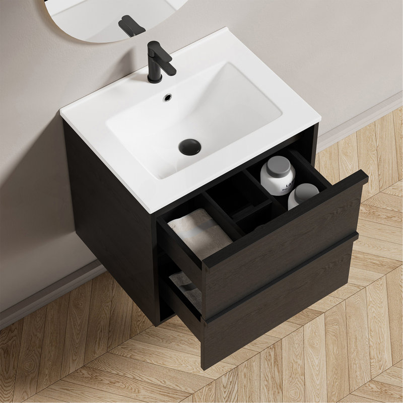 Meuble-lavabo de salle de bain 24 po avec lavabo en céramique - meuble-lavabo mural noir, 23.23"