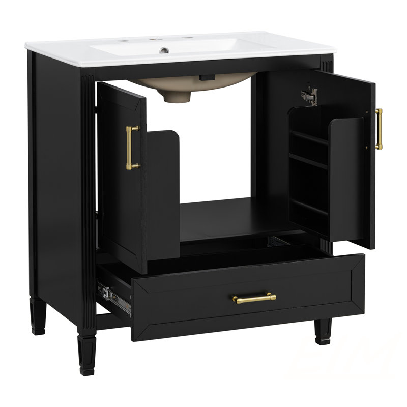 Meuble-lavabo cannelé élégant avec lavabo en céramique, boîte simple, pieds en bois massif, portes et tiroir à fermeture en douceur, tablette de porte, noir, meubles-lavabos