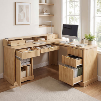 59" Modern Fluted L-Shaped Desk with Charging Station & Storage Cabinet, Home Office Computer Desk with Monitor Stand, File Drawer, Natural