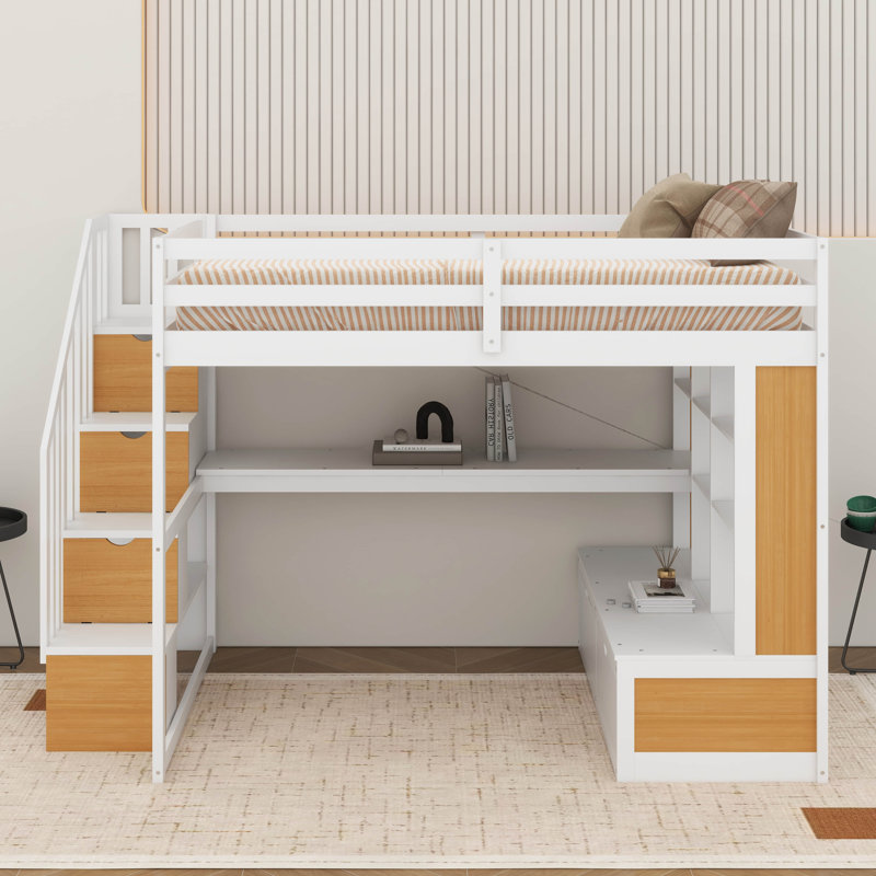 Lit mezzanine double avec bureau, tablettes et tiroirs, Blanc/naturel